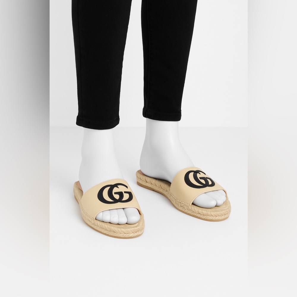 Replica Gucci white leather GG espadrille block heel sandals